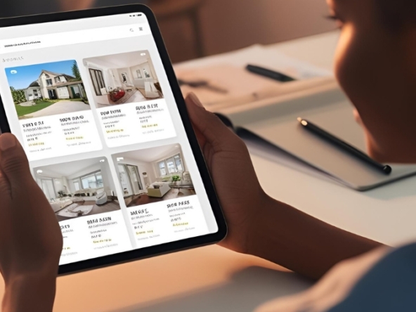 Une personne entrain de consulter des annonces immobilière sur une tablette