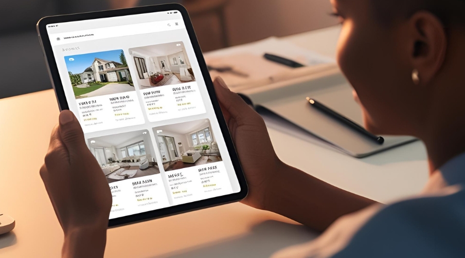 Une personne entrain de consulter des annonces immobilière sur une tablette